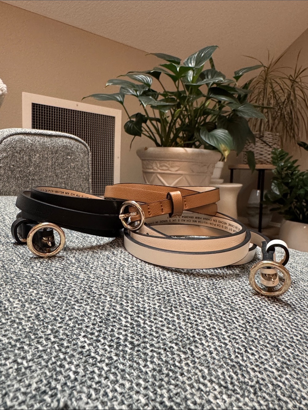 Belt trio size small black ivory and brown thin gold hardware